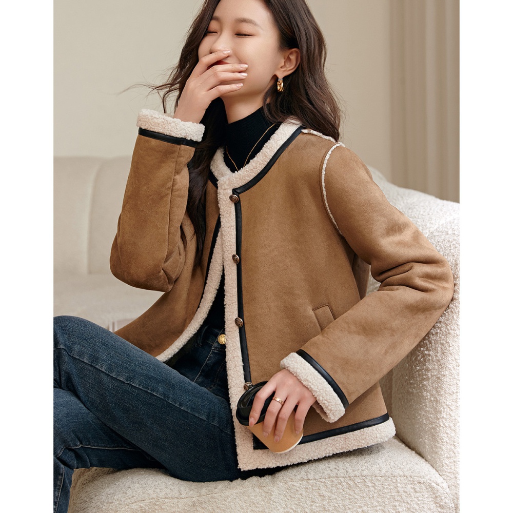 Round neck leatherette retro Korean style coat for women