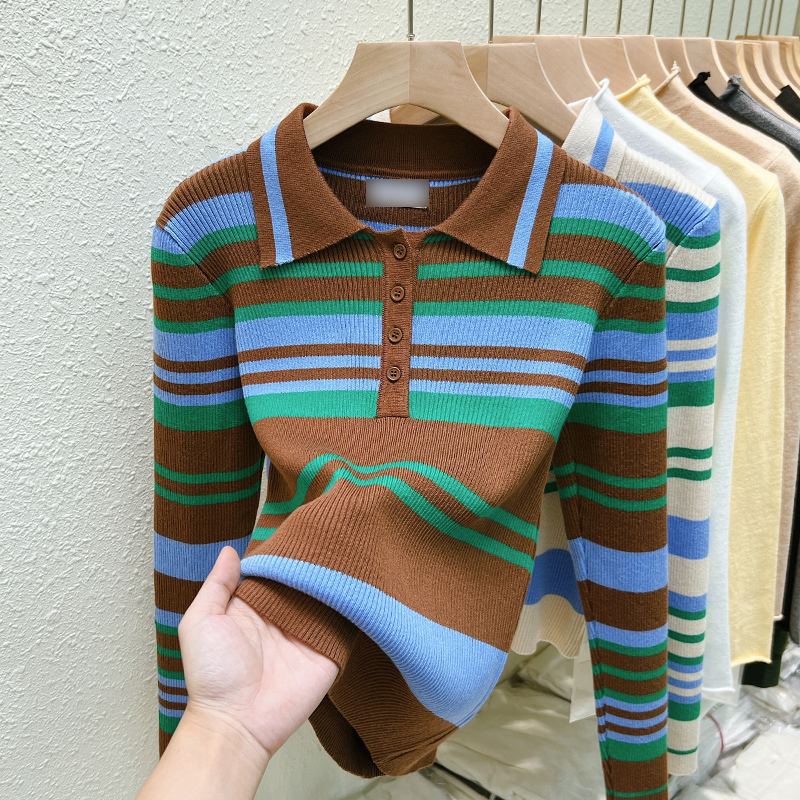 Long sleeve Western style colors stripe sweater for women