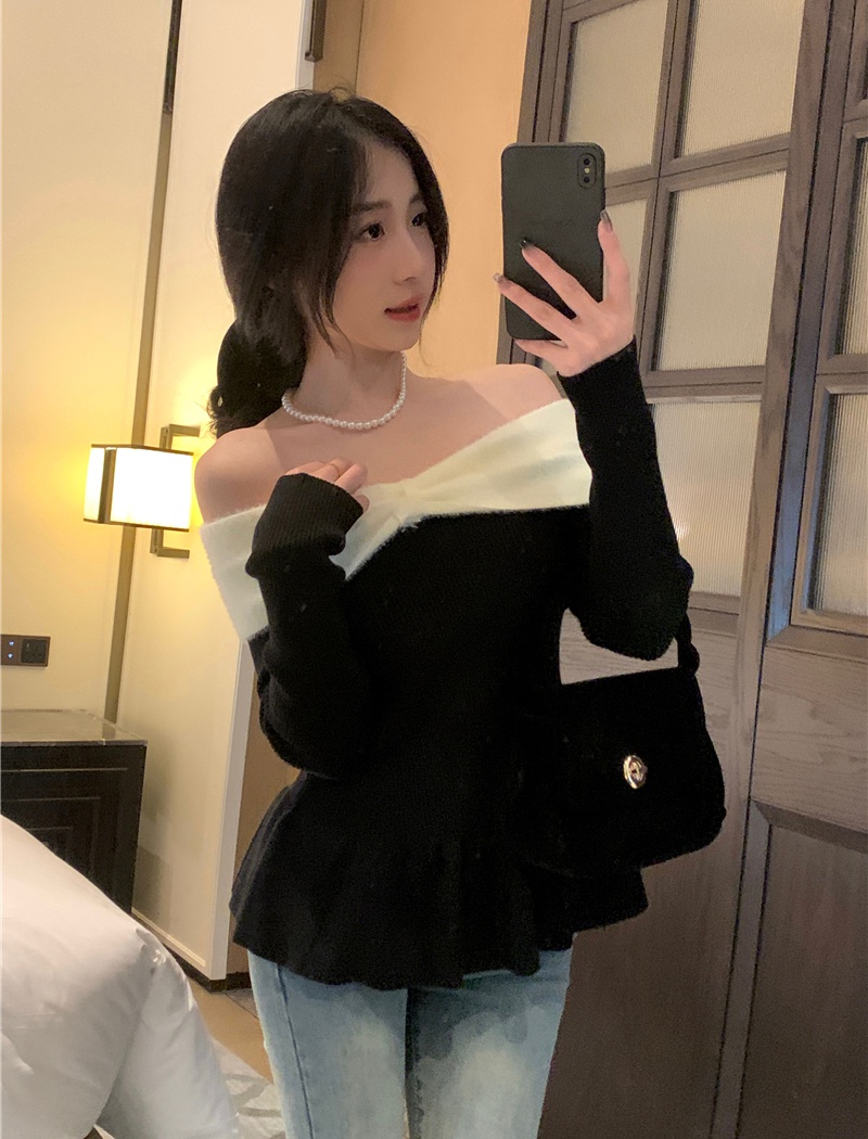 Horizontal collar knitted slim lotus leaf edges sweater