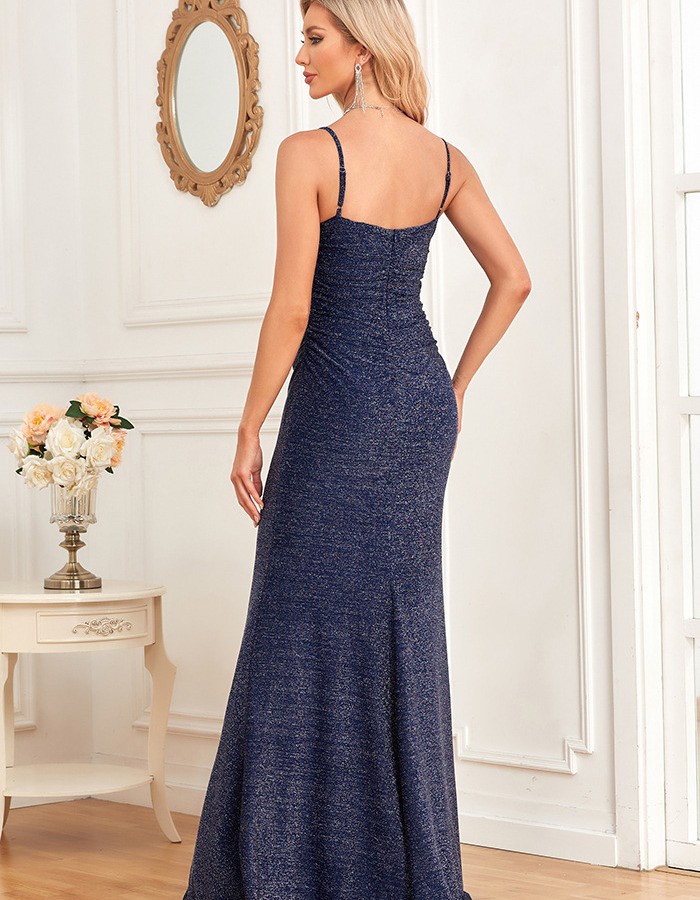 Elegant lined fold V-neck shiny European style sling dress