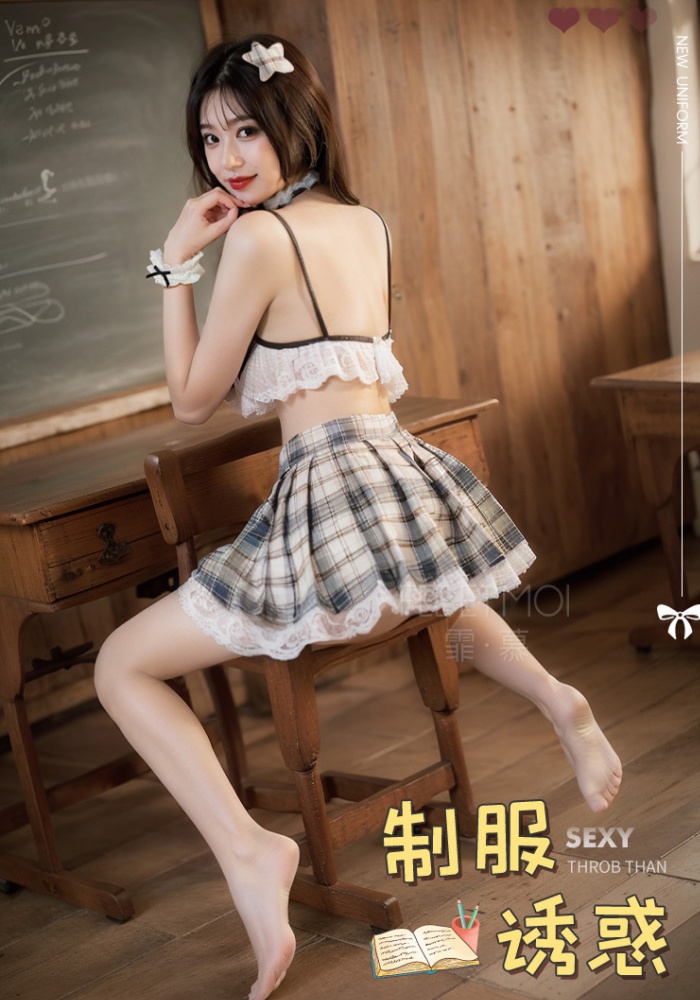 Lace college Sexy underwear pleated plaid skirt a set