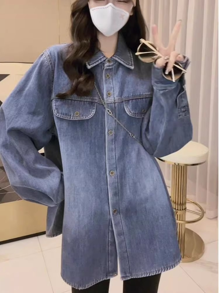 Spring and autumn long sleeve shirt loose denim tops for women