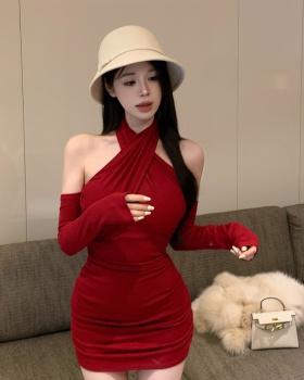 Slim package hip halter red cross dress for women