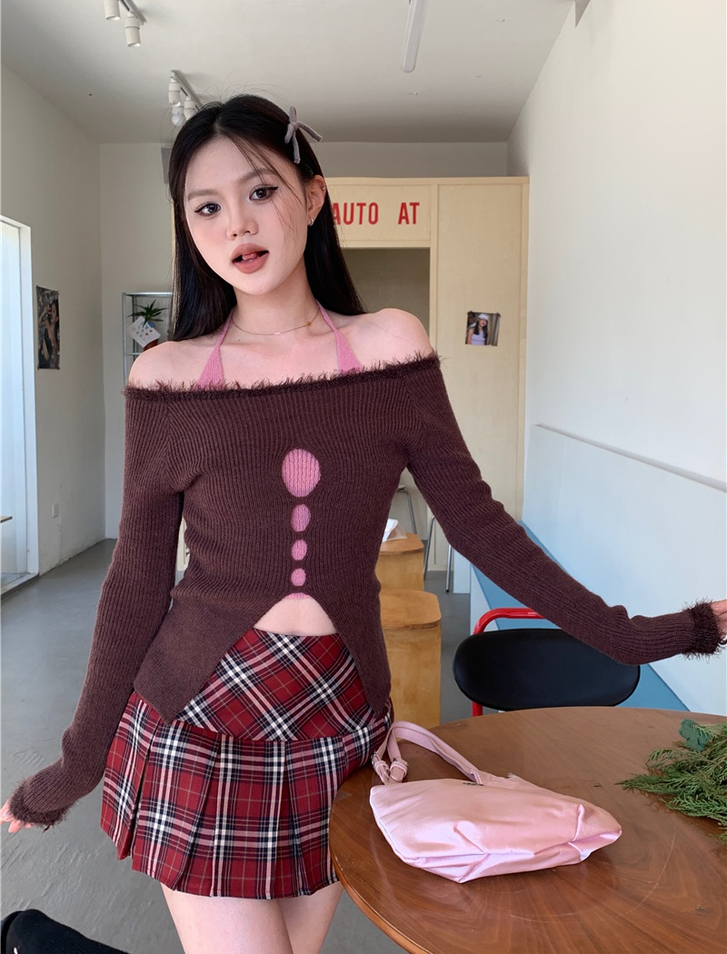 Pseudo-two hollow sweater slim tops