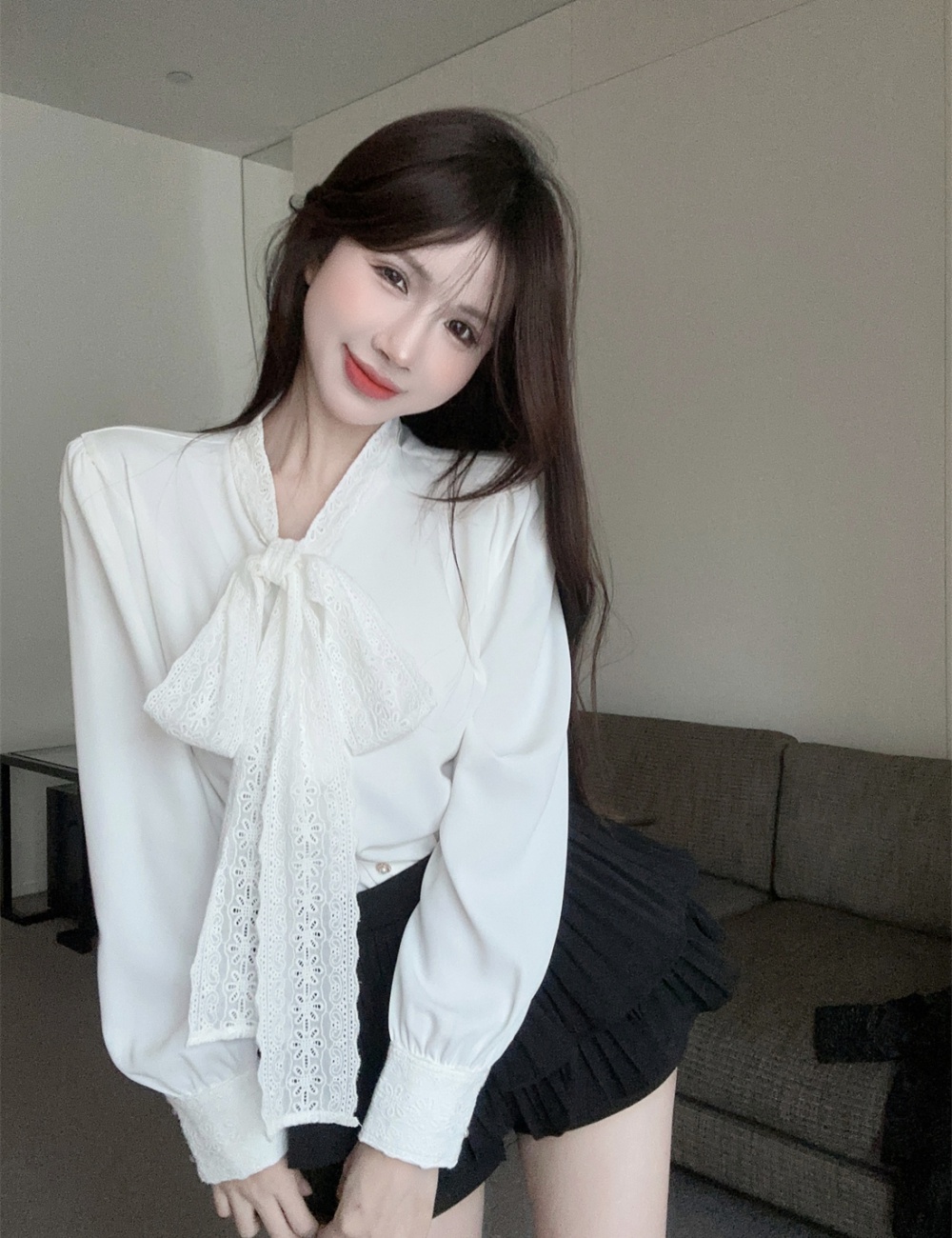 Lace long sleeve frenum tops tender bow shirt for women