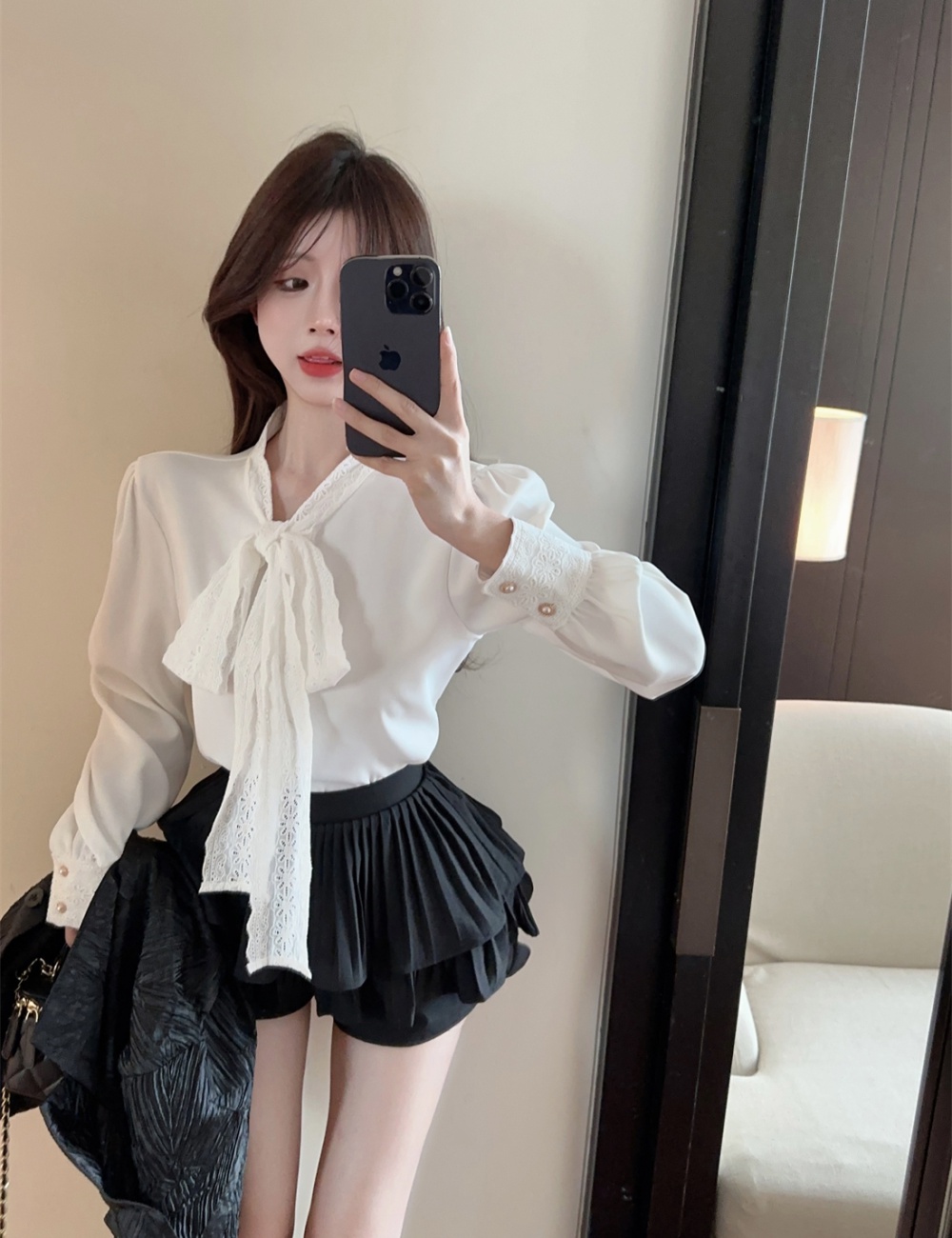 Lace long sleeve frenum tops tender bow shirt for women