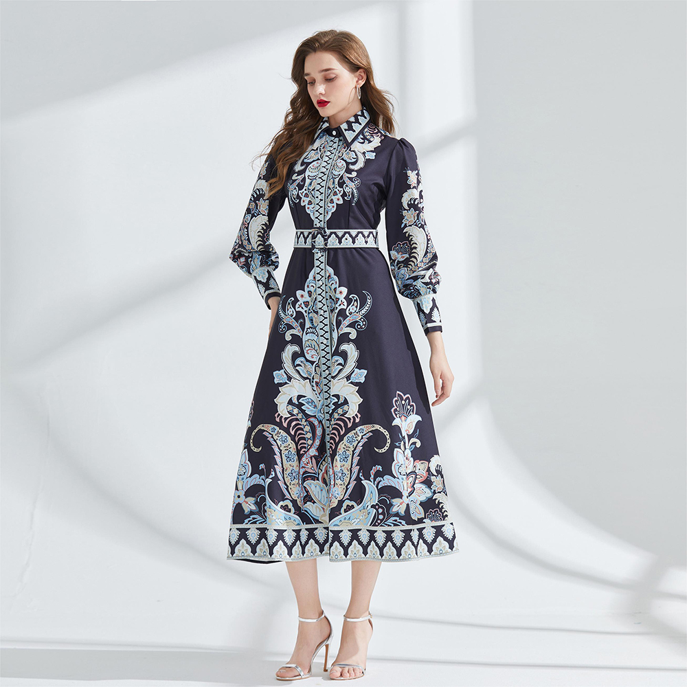 Spring printing jumpsuit court style cstand collar long dress