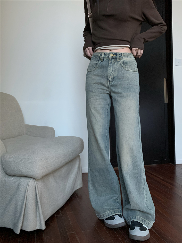 Washed high waist jeans wide leg autumn and winter long pants
