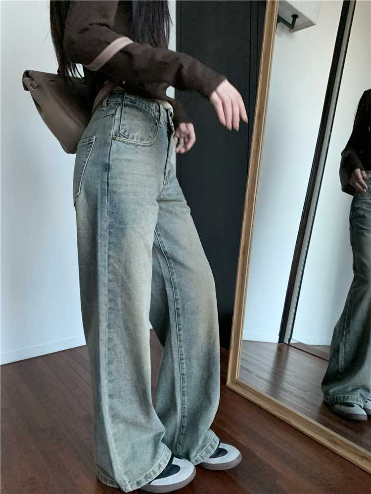 Washed high waist jeans wide leg autumn and winter long pants