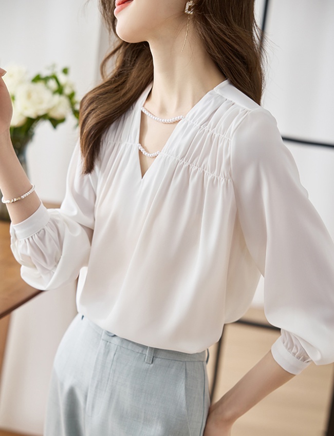 Korean style long sleeve spring tops all-match V-neck shirt