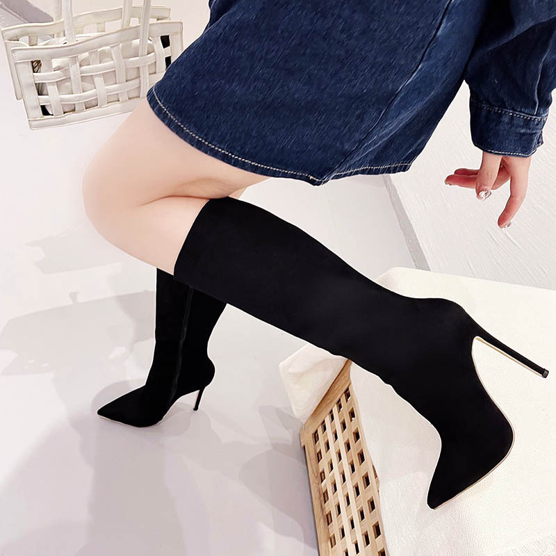 Fashion broadcloth thigh boots black pointed stilettos