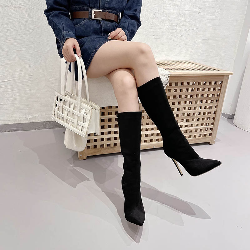 Fashion broadcloth thigh boots black pointed stilettos