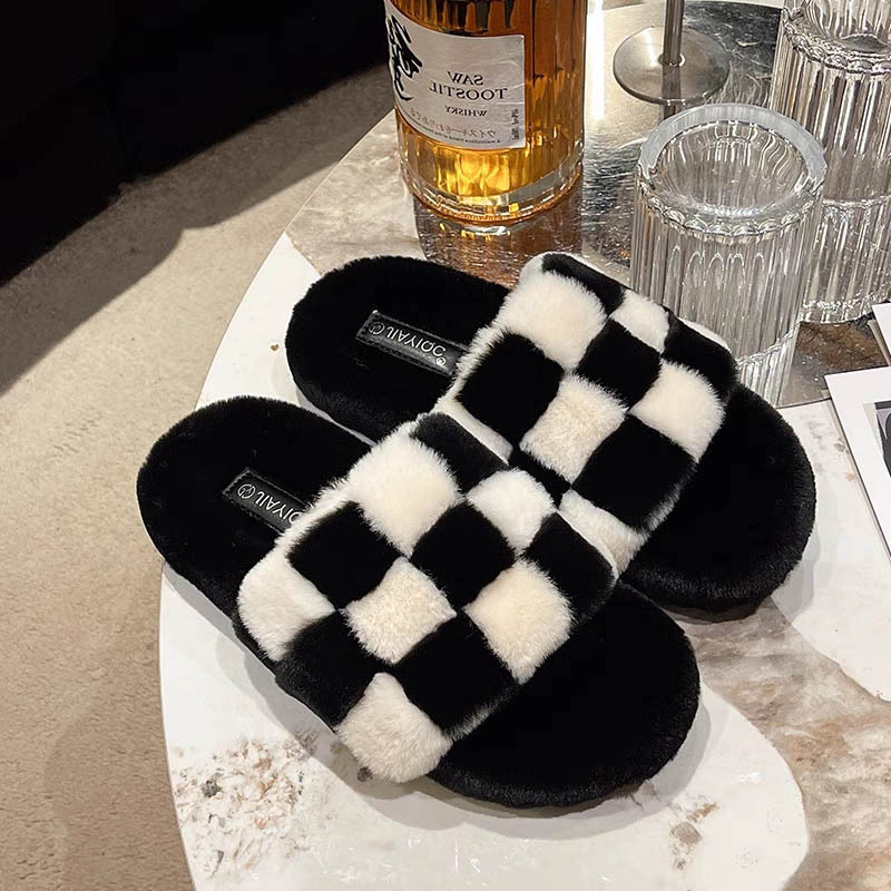Plaid black-white open toe wears outside slippers for women