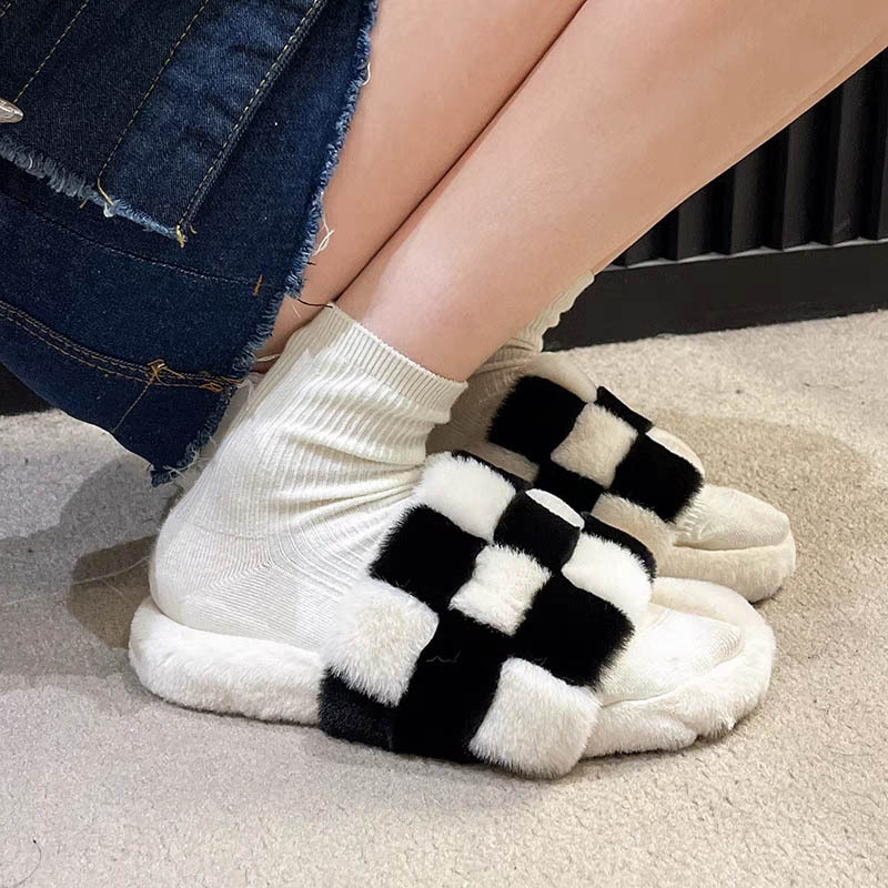 Plaid black-white open toe wears outside slippers for women