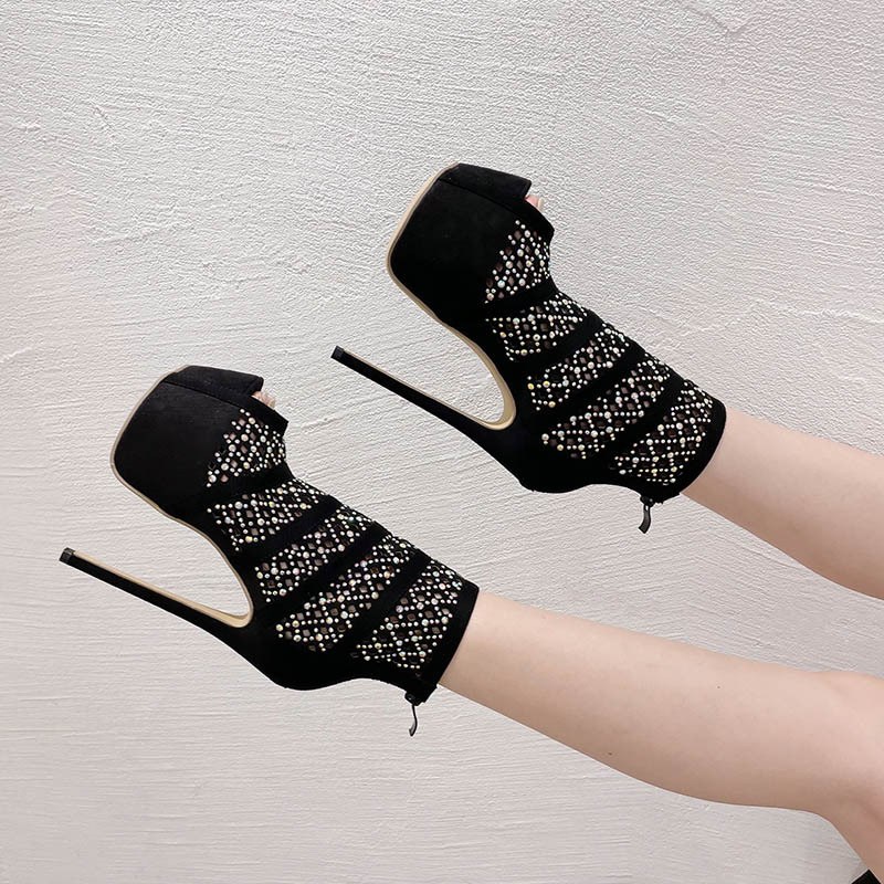 Laser rhinestone summer boots high-heeled black platform