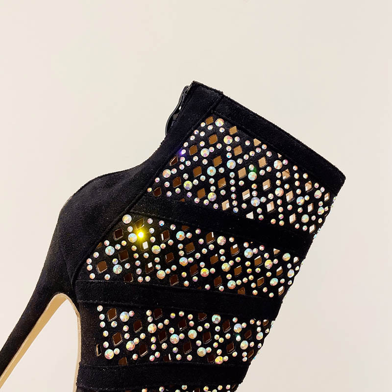 Laser rhinestone summer boots high-heeled black platform