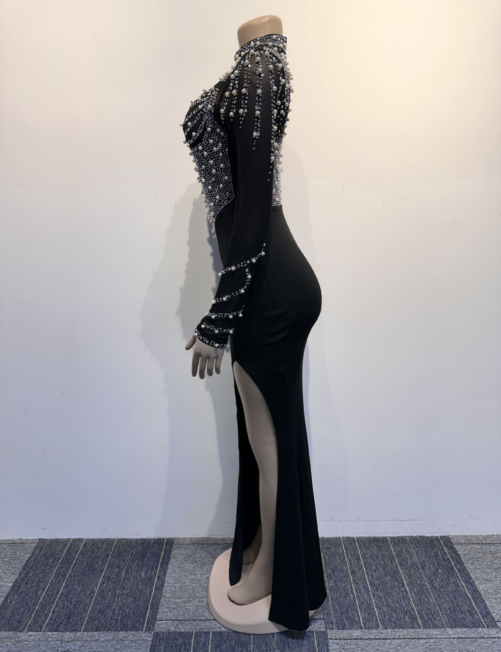 Rhinestone perspective pearl split dress for women