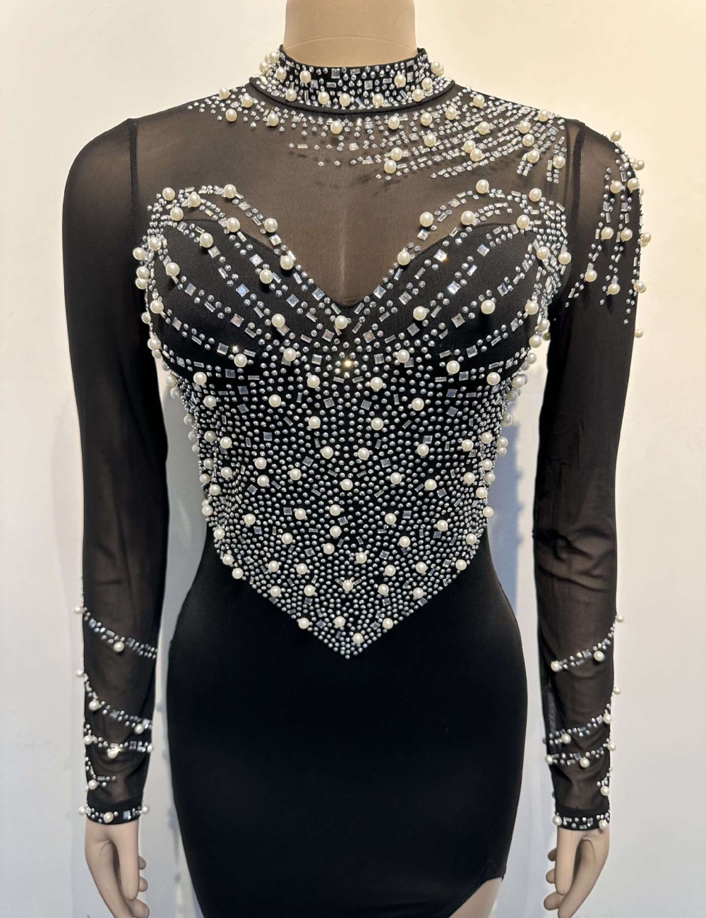 Rhinestone perspective pearl split dress for women