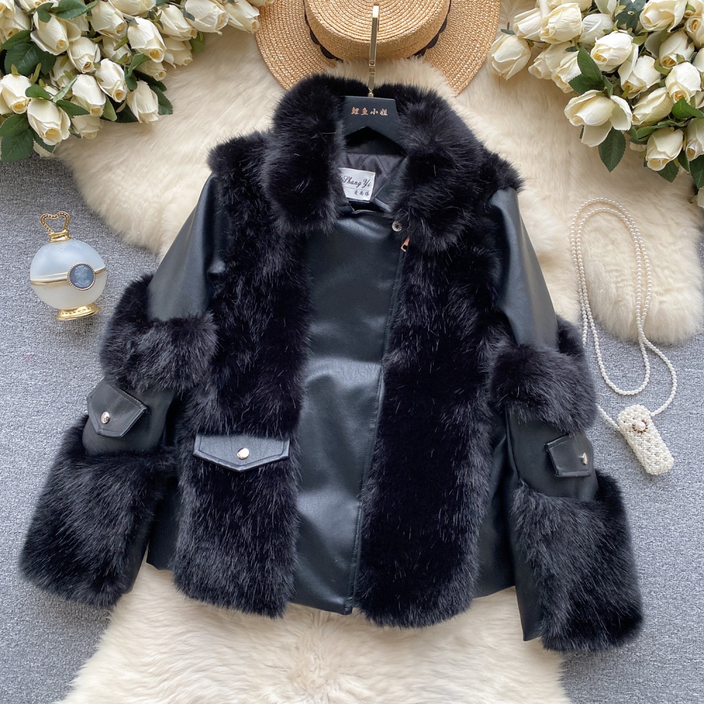 Splice niche leather coat elmo winter overcoat for women