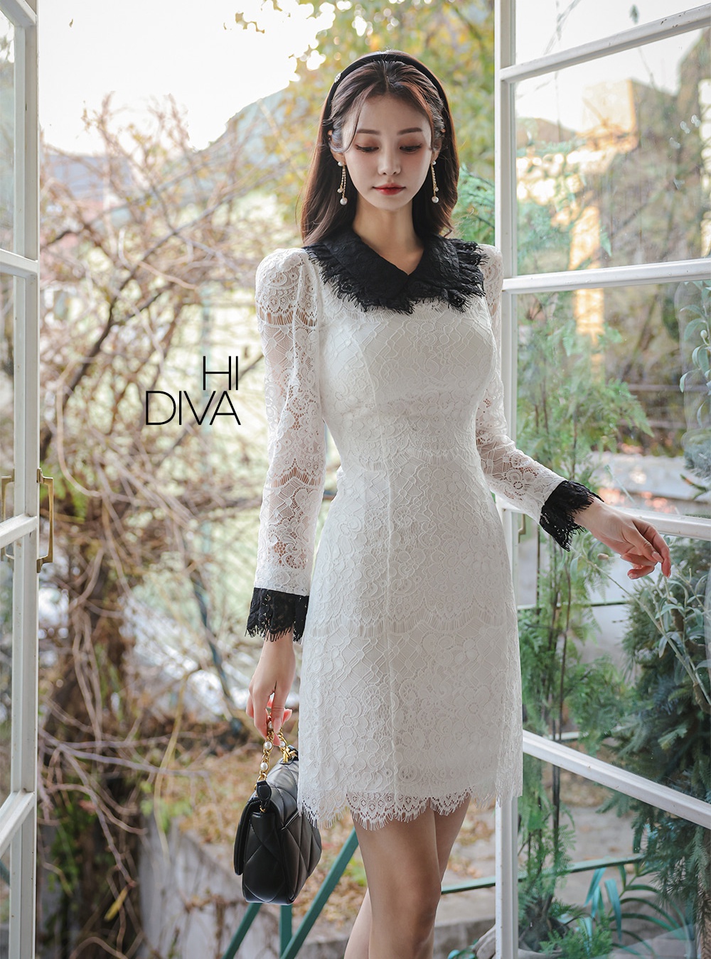 A-line refinement lapel long sleeve lace dress