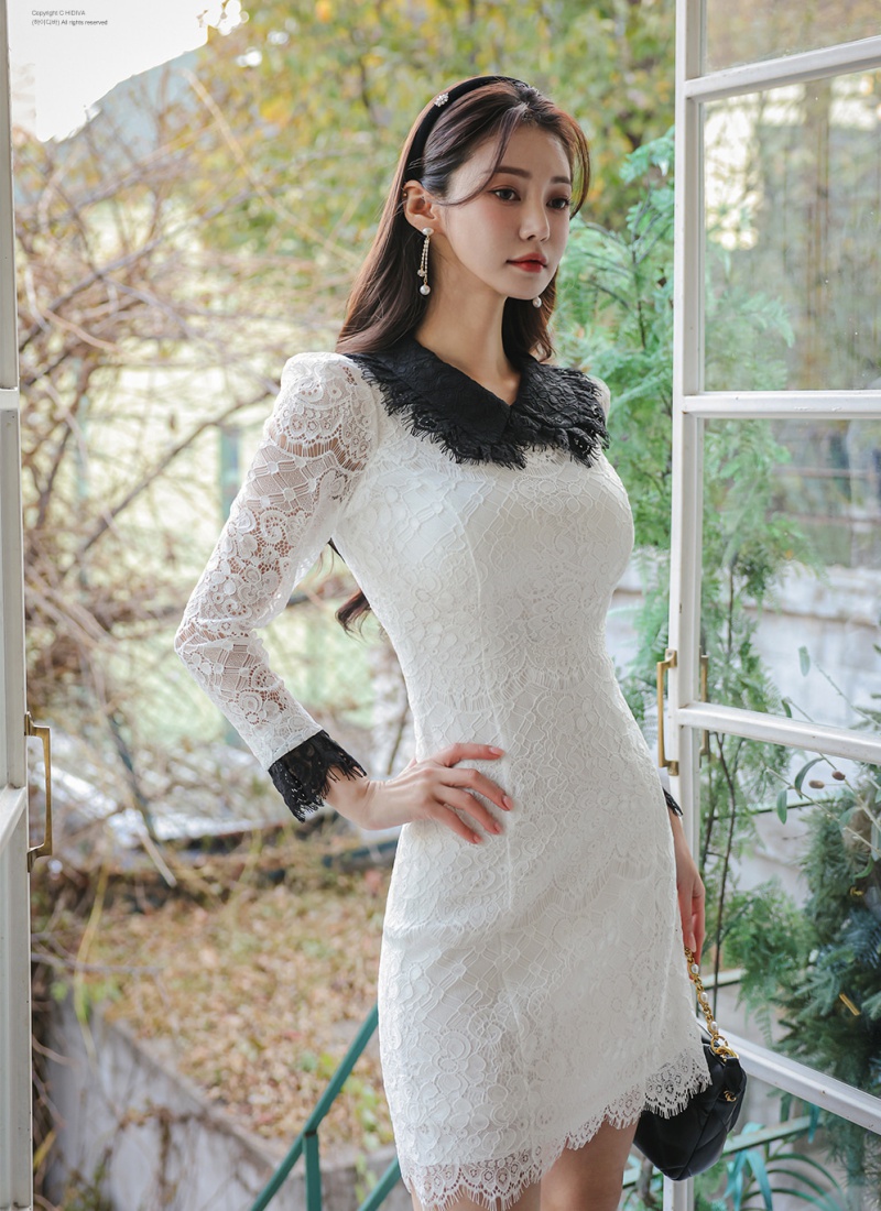 A-line refinement lapel long sleeve lace dress