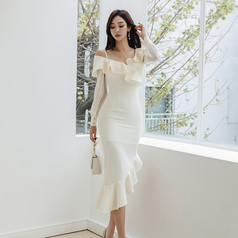 Package hip strapless long sleeve autumn and winter shoulder dress