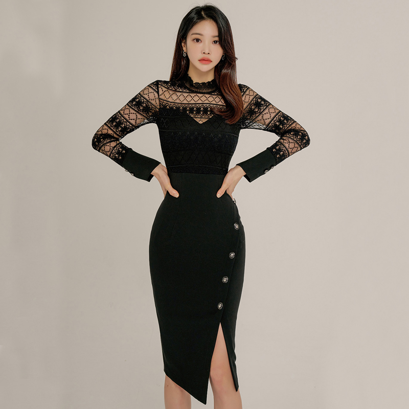 Winter sexy temperament splice lace Korean style dress