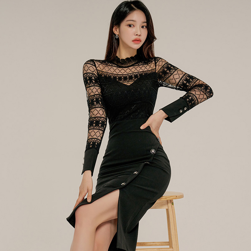 Winter sexy temperament splice lace Korean style dress
