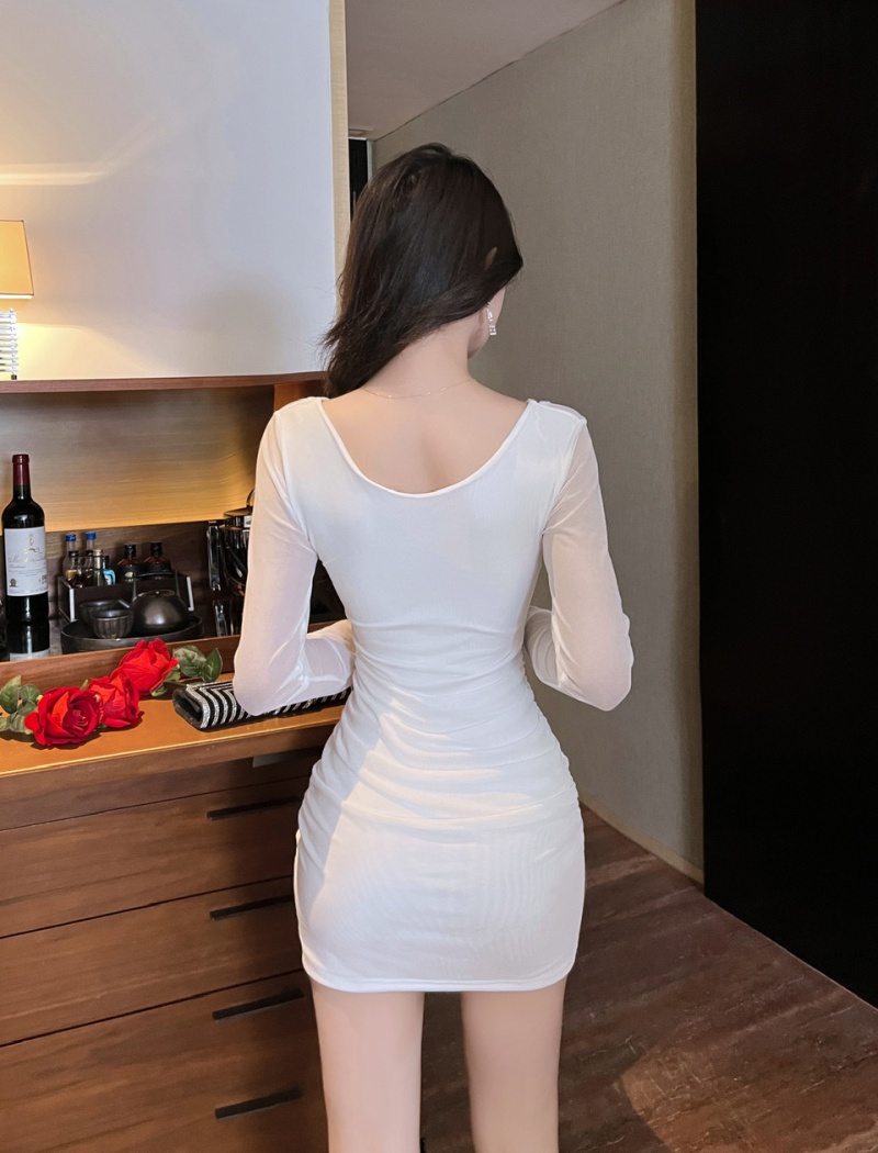 Long sleeve bottoming slim sexy V-neck package hip dress
