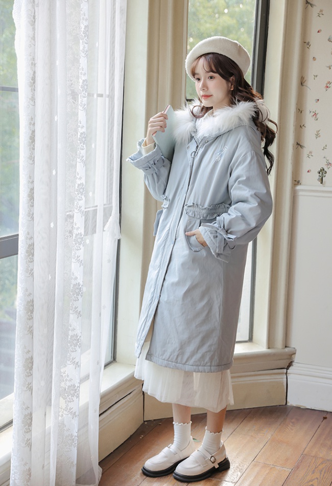 Fur collar long art cotton coat embroidery refreshing coat