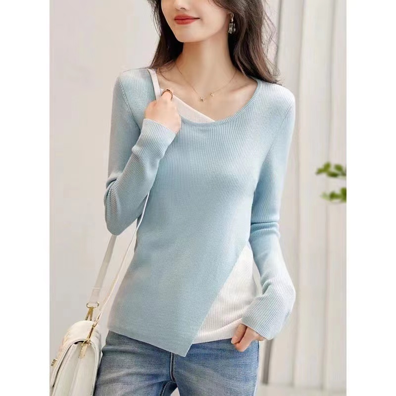 Pseudo-two fashion tops all-match simple sweater