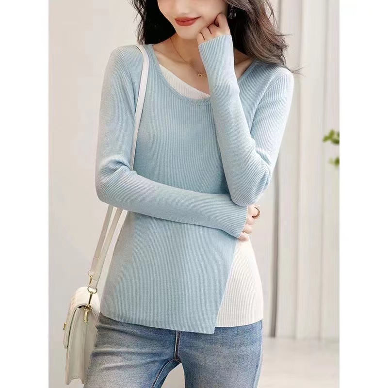 Pseudo-two fashion tops all-match simple sweater