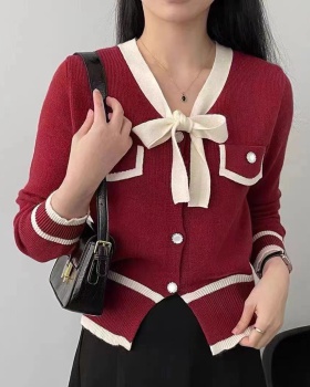 Mixed colors autumn and winter cardigan bow tops for women