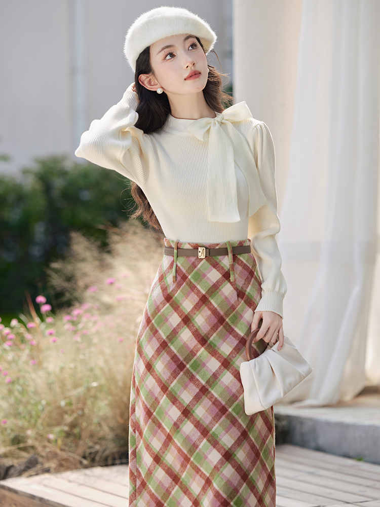 Knitted France style skirt bow tops 2pcs set