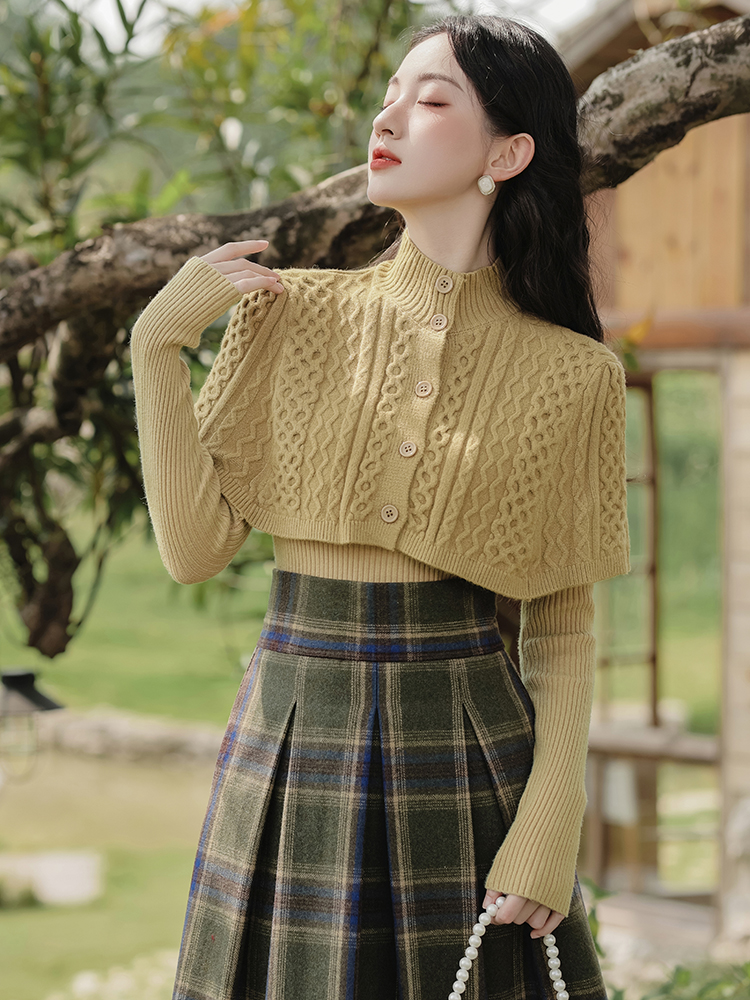 France style plaid skirt knitted tops a set