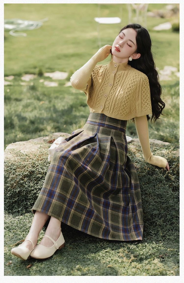 France style plaid skirt knitted tops a set