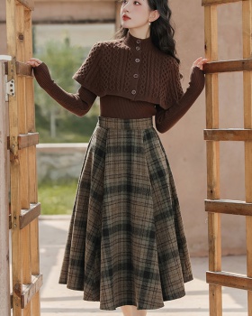 France style plaid skirt knitted sweater 2pcs set