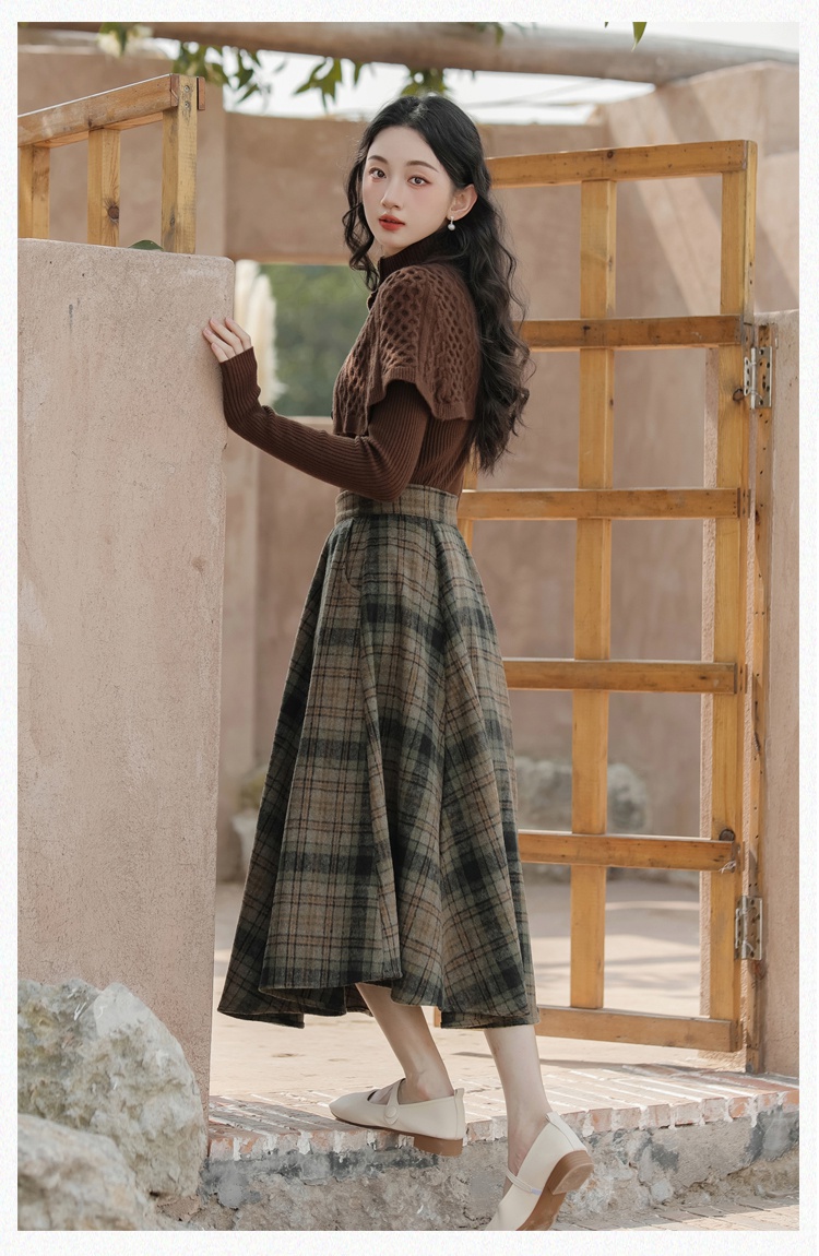 France style plaid skirt knitted sweater 2pcs set