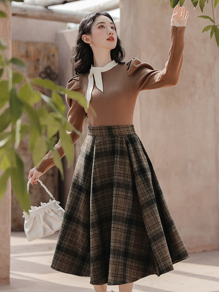 France style plaid skirt bow tops 2pcs set