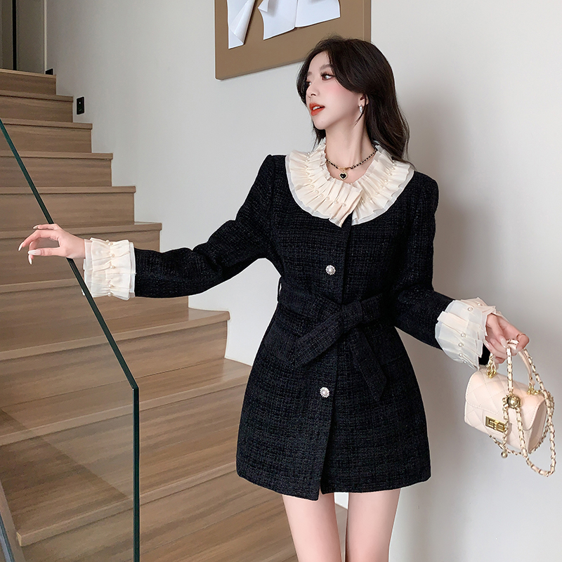 Lace mixed colors stitching collar overcoat