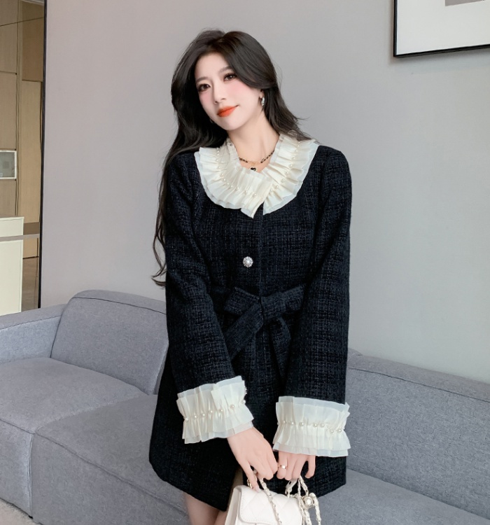 Lace mixed colors stitching collar overcoat