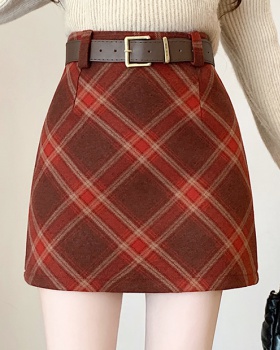High waist autumn and winter A-line big red woolen skirt