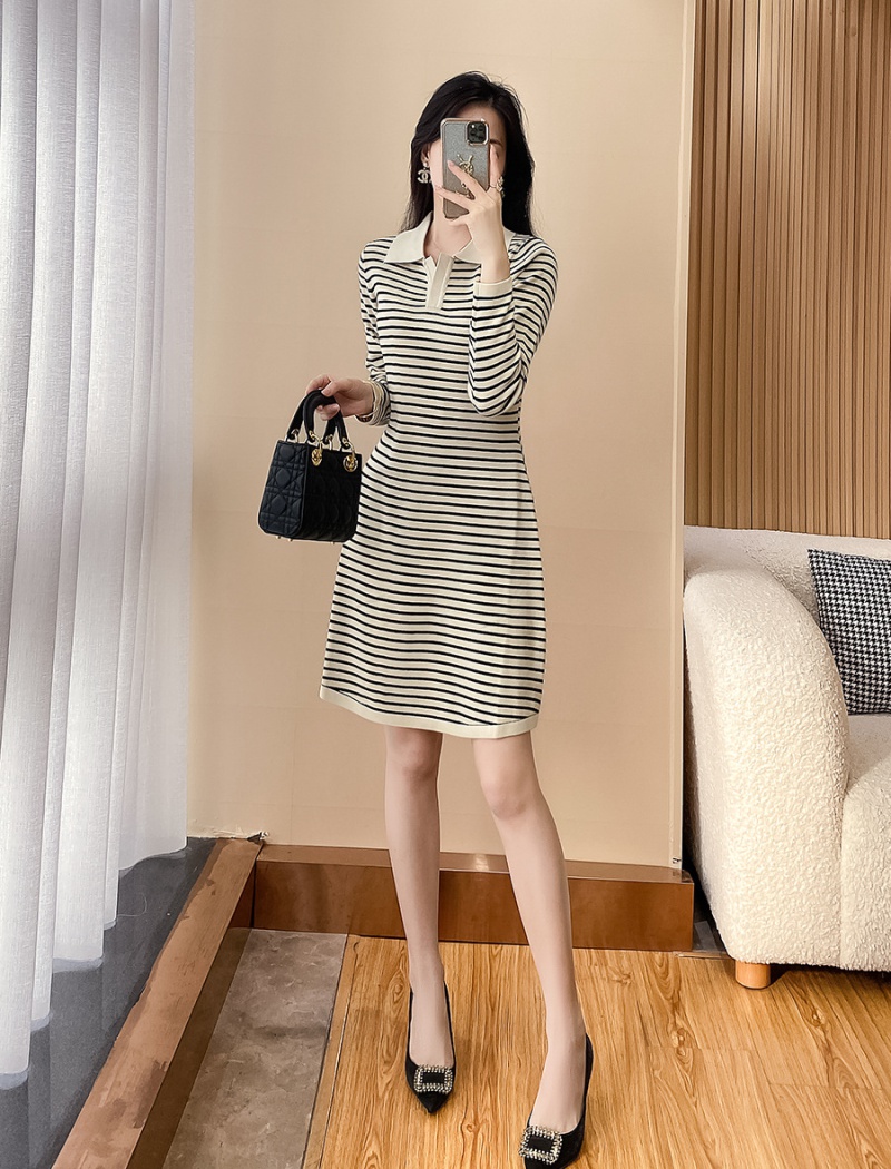Slim temperament sweater bottoming stripe dress