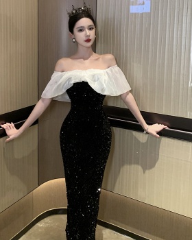 Black-white strapless dress velvet formal dress for women