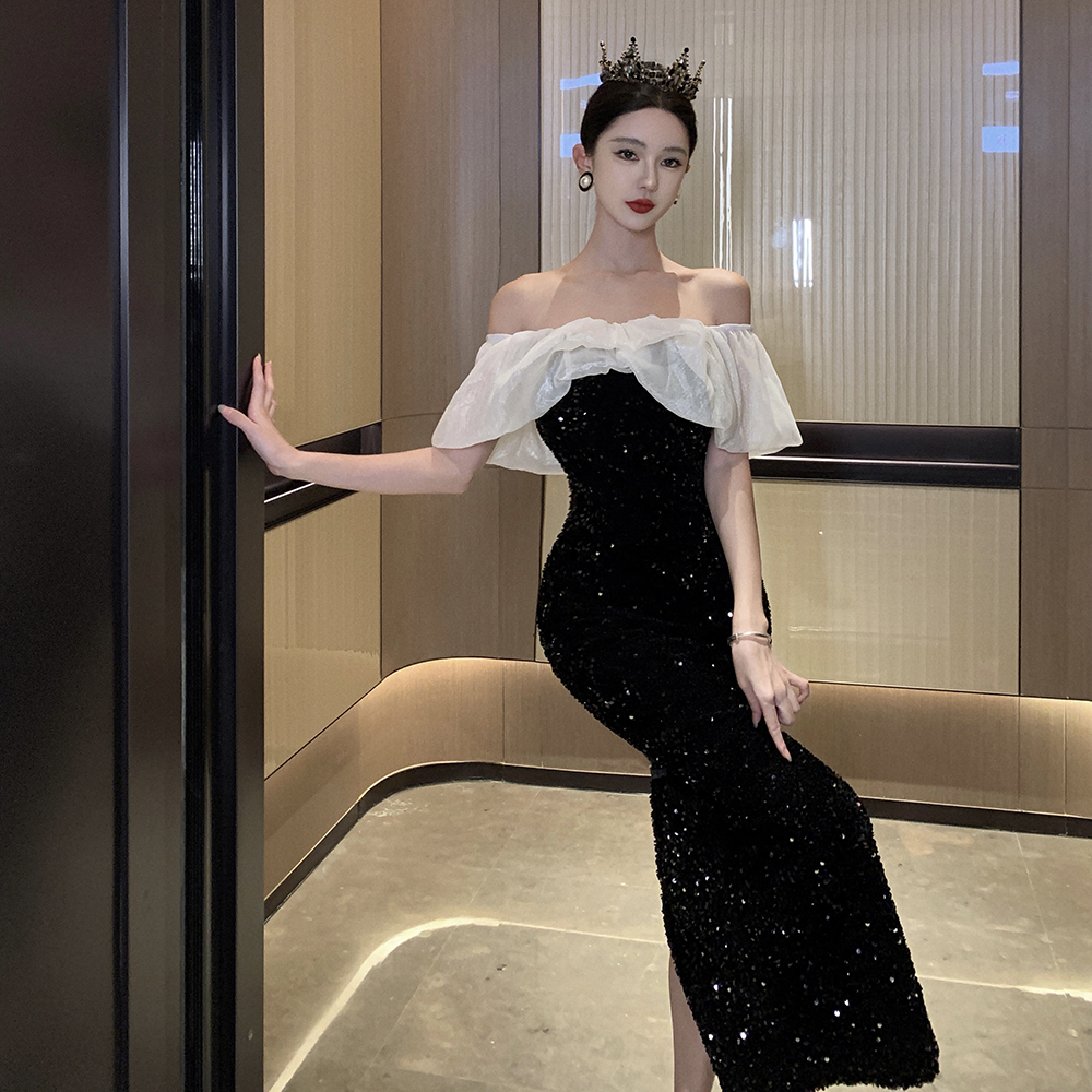 Black-white strapless dress velvet formal dress for women
