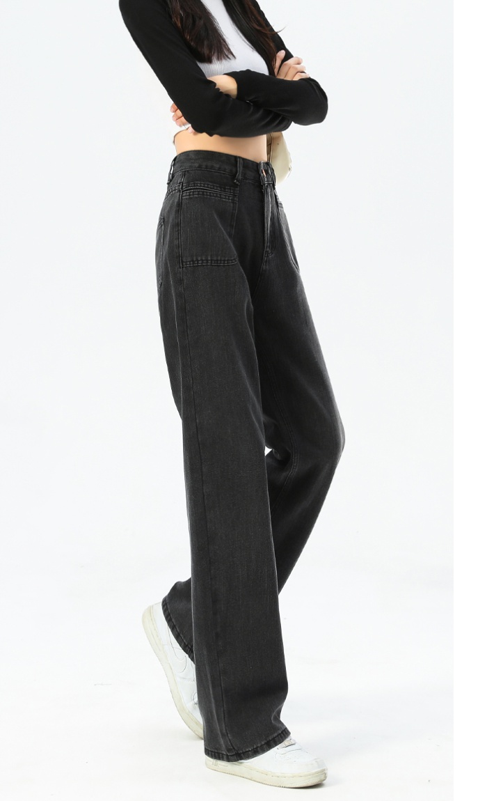 Denim wide leg long pants high waist black-gray pants