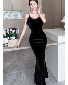 Sling package hip evening dress ostrich hair with chest pad dress