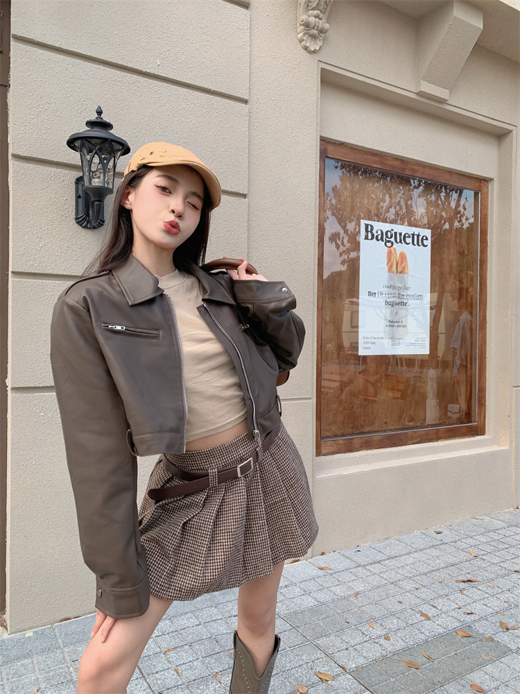 Fashion locomotive leather coat zip short jacket for women