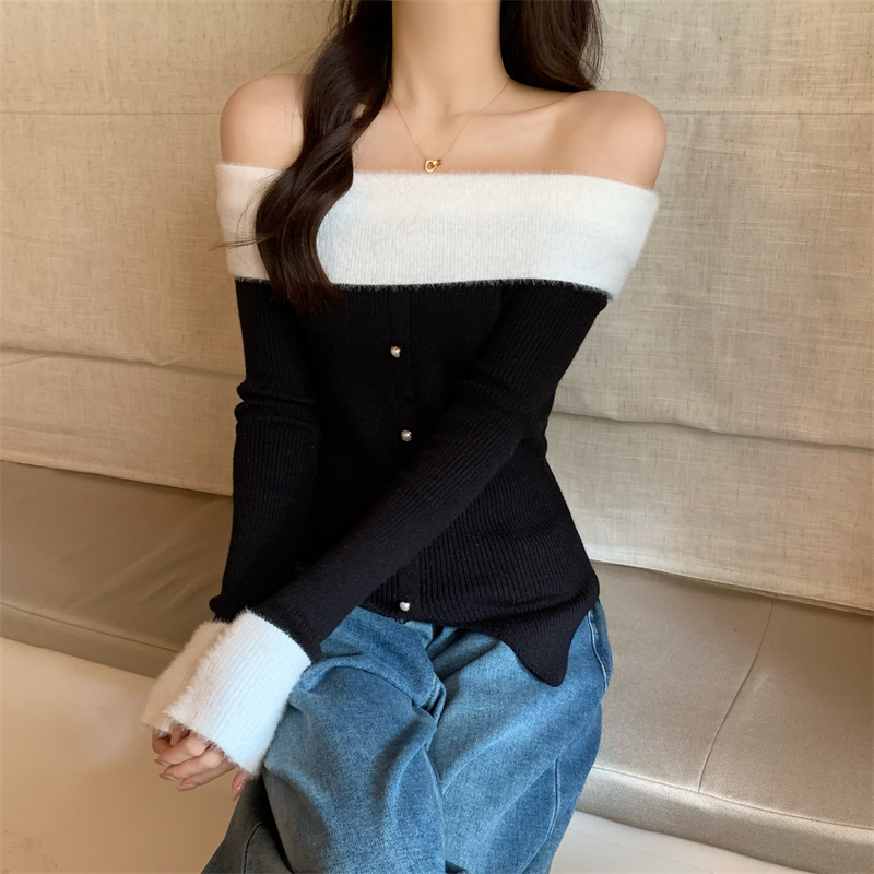 Autumn and winter flat shoulder sweater splice tops