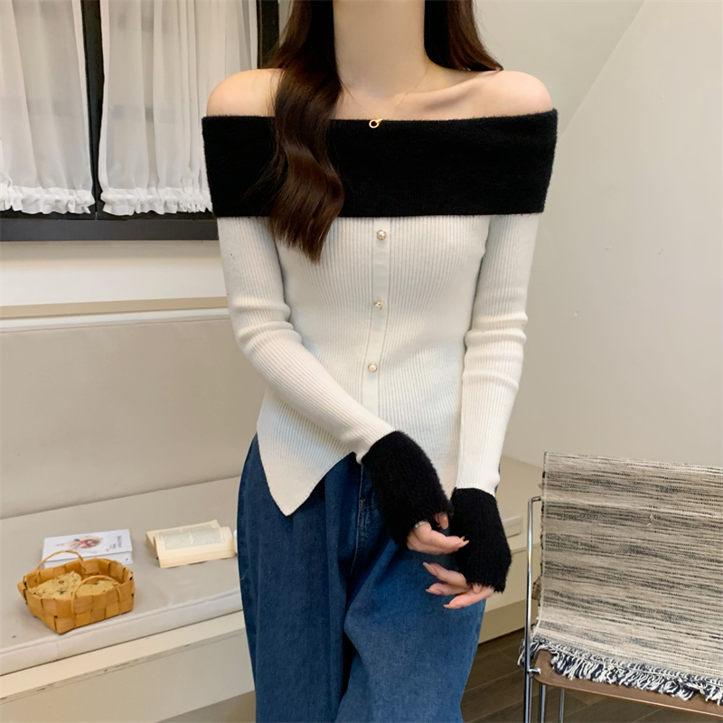 Autumn and winter flat shoulder sweater splice tops